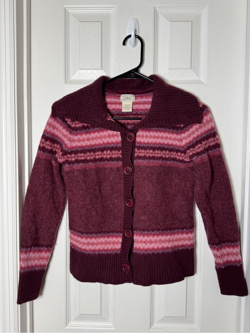 Vintage L.L. Bean Nordic Fair Isle Lambswool Cardigan Sweater Pink Purple Medium